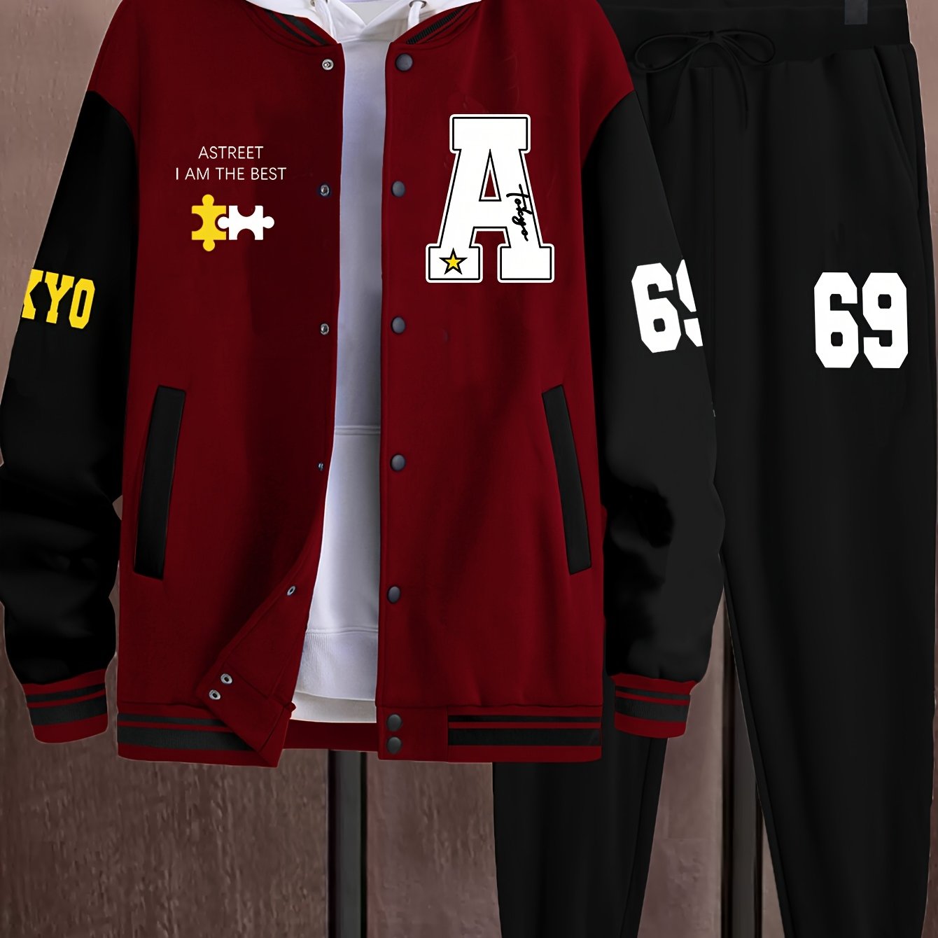 Men's casual 69-piece set includes color block varsity jacket and joggers with A-69 print. Made of polyester with baseball collar and pockets, ideal for fall/winter.