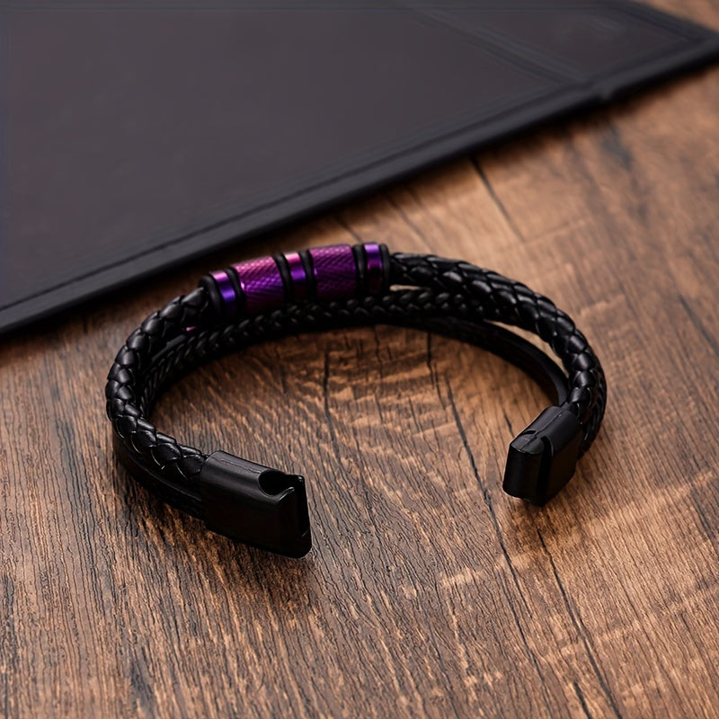 A stylish men's leather bracelet crafted from durable black stainless steel, accented with a touch of punk flair. Featuring a magnetic buckle closure and intricately handwoven details, this versatile accessory is perfect for any business or casual