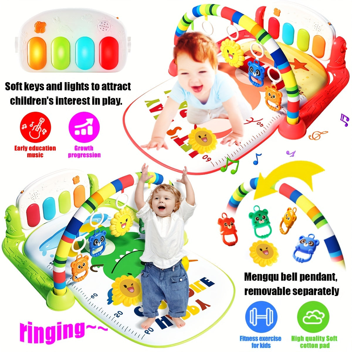 Interactive infant play gym with music and piano, educational play center for ages 0-3 years, assembly required, includes random color accessories. Perfect gift idea.