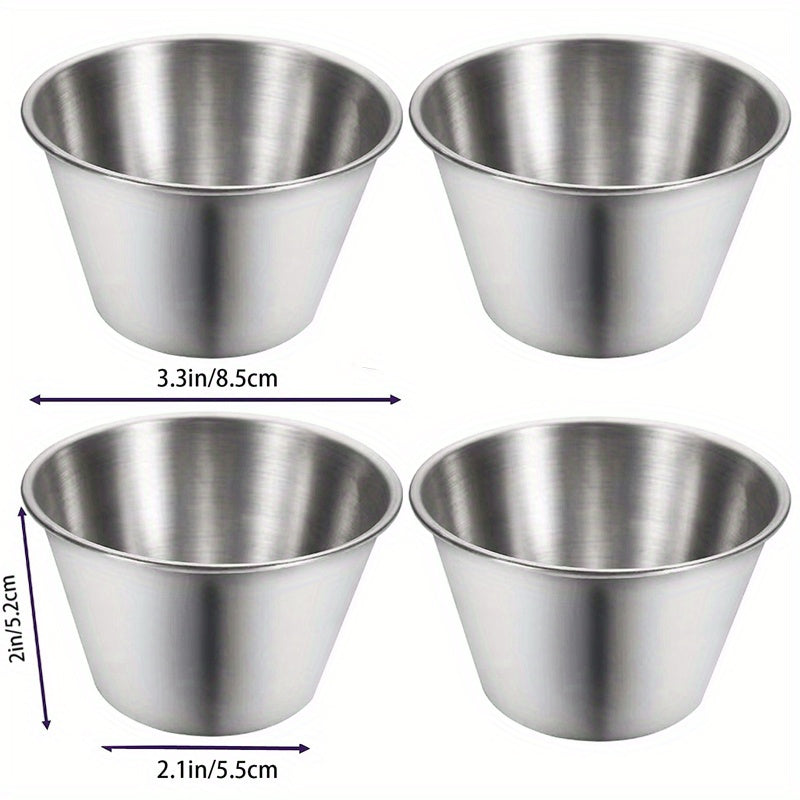 4 small stainless steel sauce cups in 6 sizes for commercial use, perfect for appetizers and condiments.