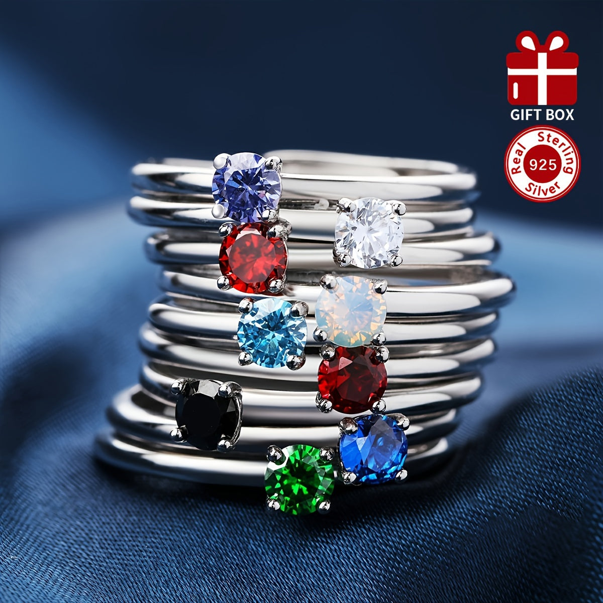 1 piece of low allergy 925 pure silver set with small zirconia stones and stackable design, featuring 12 birthstone options in an open wedding ring. The silvery set has a total weight of 1.26g, with the ring alone weighing 1.35g. This simple and elegant