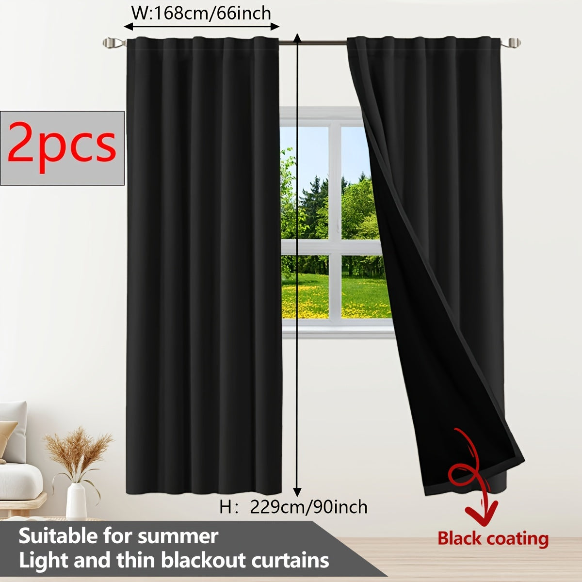 Two pieces of contemporary blackout curtains made from thermal insulated twill weave polyester. They are designed to reduce noise and block out light, making them perfect for the living room, bedroom, or study. These curtains feature a hook and ring rod