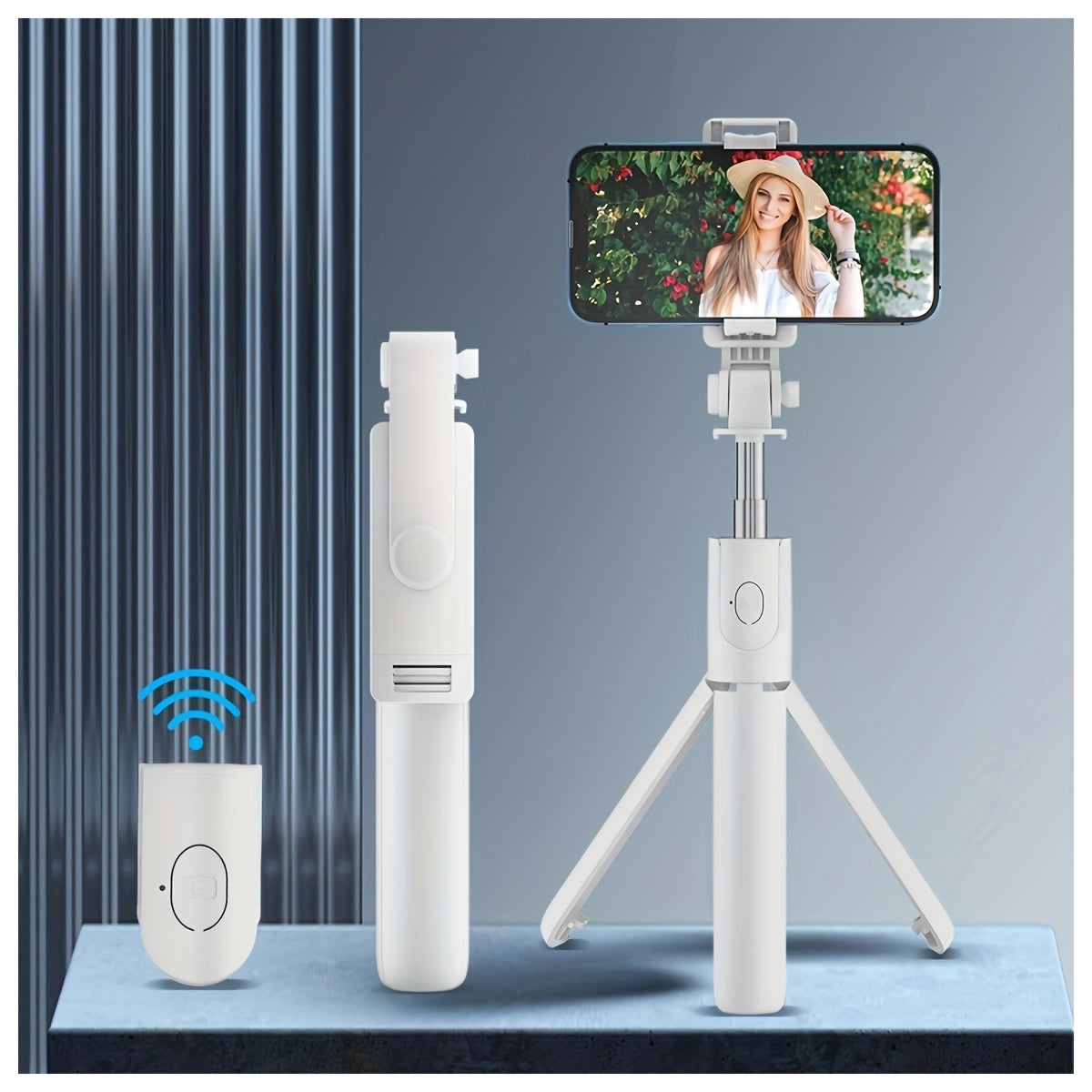 Multi-purpose wireless selfie stick with tripod, remote control, phone holder, and live streaming capabilities, perfect for travel and taking photos.