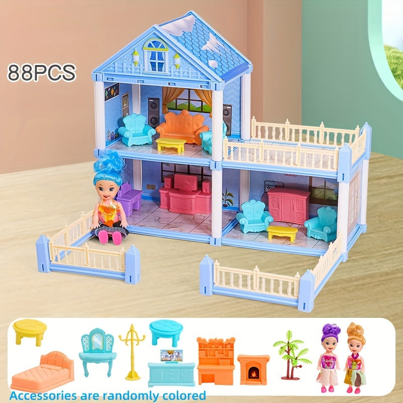 Girl playing with a dollhouse toy set in a children's simulation room, resembling a princess castle villa; ideal as a birthday gift.