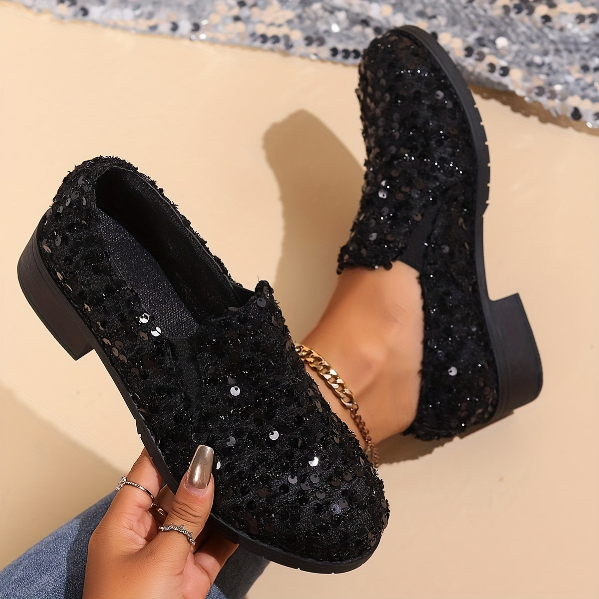 Black sequin loafers with chunky heel, breathable fabric upper, and PU sole; comfortable nurse shoes for all seasons.