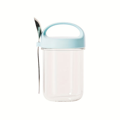 Glass yogurt cup doubles as a sealed jar for overnight oats, smoothies, and grains with spoon.