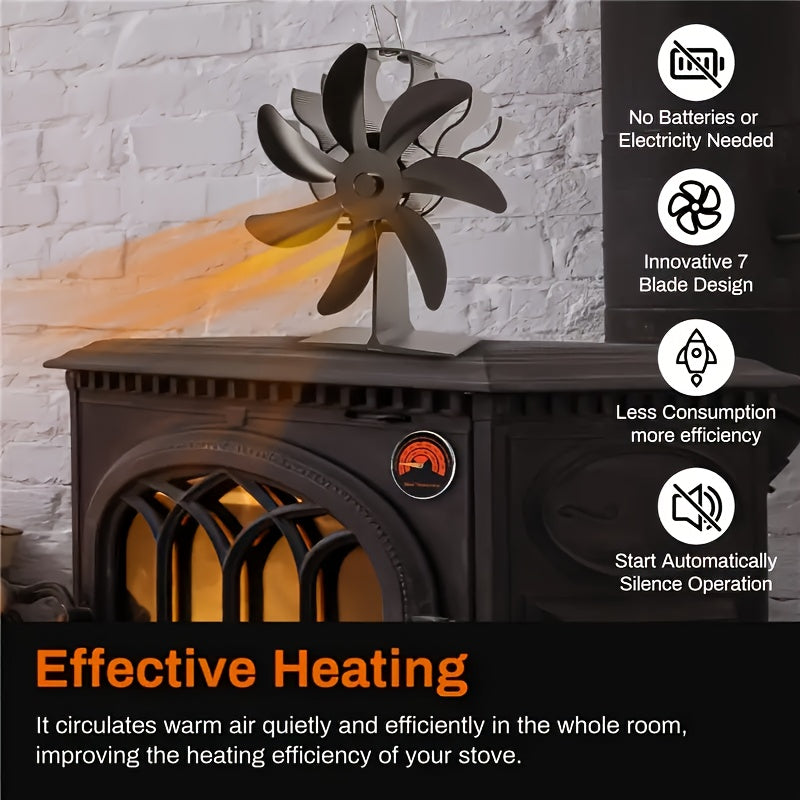 Heat distribution is improved and fuel consumption is reduced with the 7-blade heat powered fireplace fan, a non-electric, thermoelectric wood stove fan designed for gas and pellet burners.