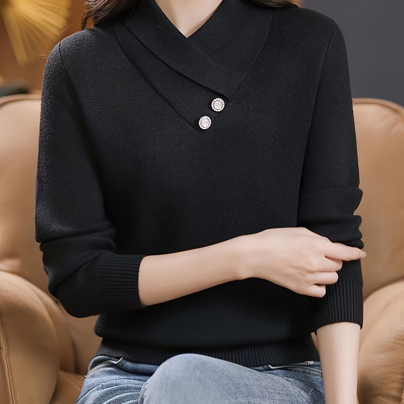 New knitted plain color long sleeve shirt casual loose slimming top