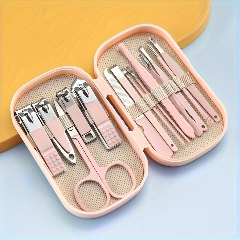 A 14-piece stainless steel manicure and pedicure set with modern concave edge nail clippers and grooming tools, including a portable storage box. A unisex odorless nail care kit.