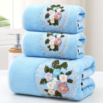 WF gauze flower 2 cents + 1 bath / 3pcs set Coral velvet embroidery towels (2 35*75cm, 1 70*140cm) soft, absorbent, quick-drying bathroom essentials for children and adults, skin-friendly