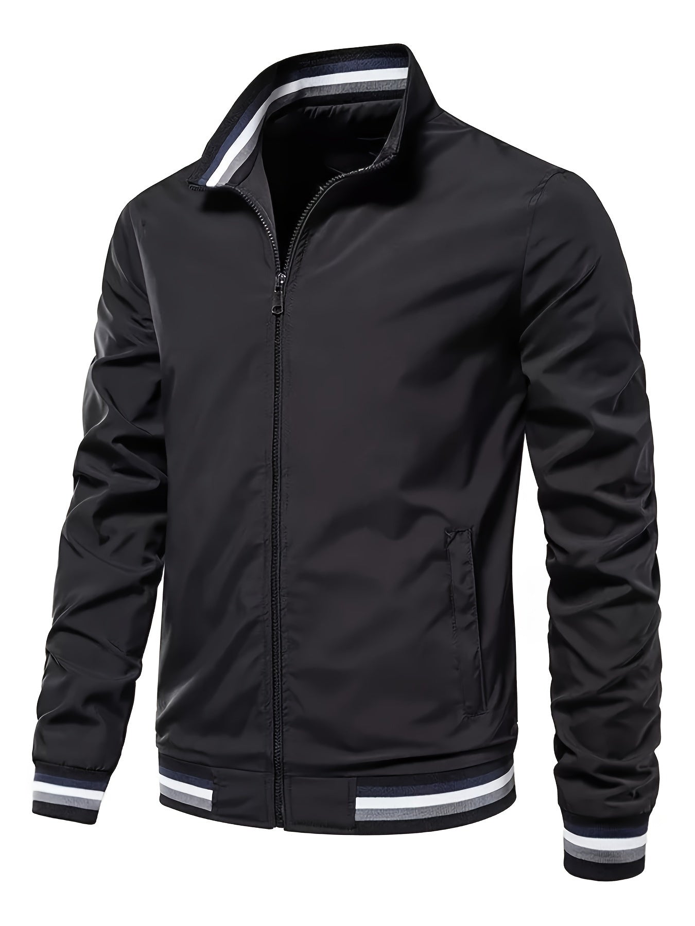 Men's trendy lightweight long sleeve jacket with zipper, stand collar, pockets, and stripe pattern. Ideal for outdoor activities in spring and autumn.