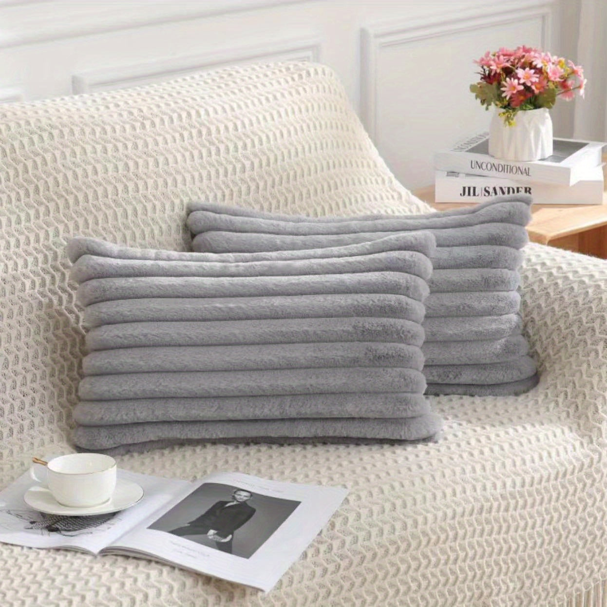 Bohemian Style Rabbit Fur Stripe Throw Pillow Cover in Geometric Pattern, 100% Polyester Knit Fabric, Hand Wash, Zipper Closure, Versatile for Any Room.