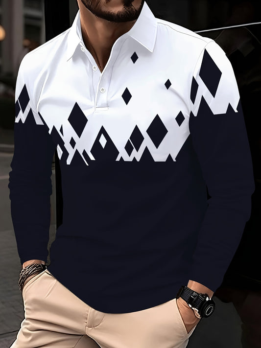 Men's casual long sleeve shirt with abstract geometric pattern, 3D print in polyester blend, button-up collar, ideal for golf and outdoor activities in fall/winter, plus size.