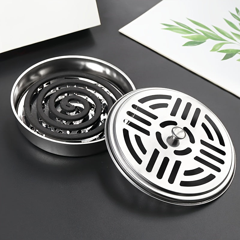 Sturdy Stainless Steel Mosquito Coil Holder with Lid - Flame-Resistant & Durable, Great for Residences, College Dorms & Accommodations - Ideal for Year-End Festivities like Halloween, Thanksgiving, Christmas & New Year's Eve