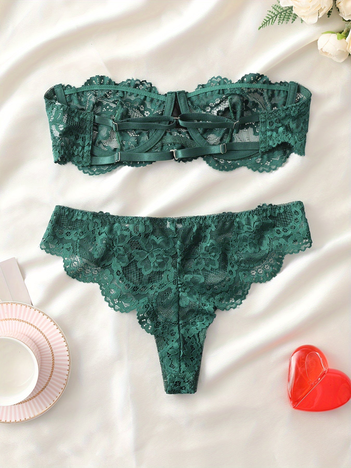 Beautiful lace lingerie set with mint accents, featuring a sexy European and American French style.