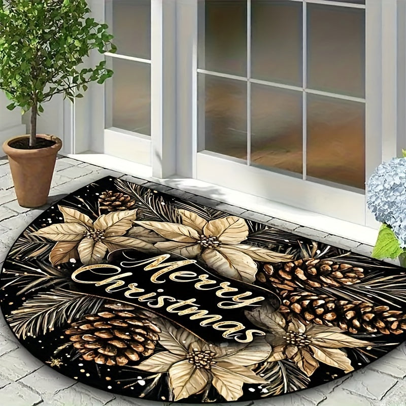 Get into the holiday spirit with our Christmas Cheer Semi-Circle Doormat featuring a festive Golden Pinecone & Jewelry Design. This non-slip, machine washable polyester rug is perfect for your living room, bedroom, game room, or cafe entrance. Add a