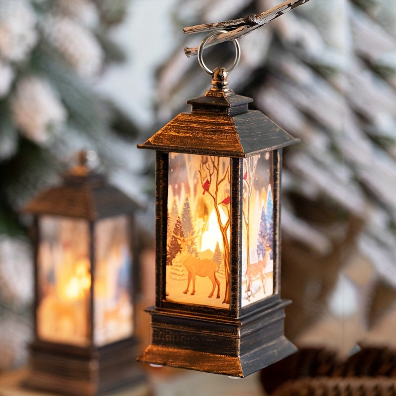 Retro Christmas lantern with Santa, elk, and snowman patterns, perfect for tabletop décor or gifting.