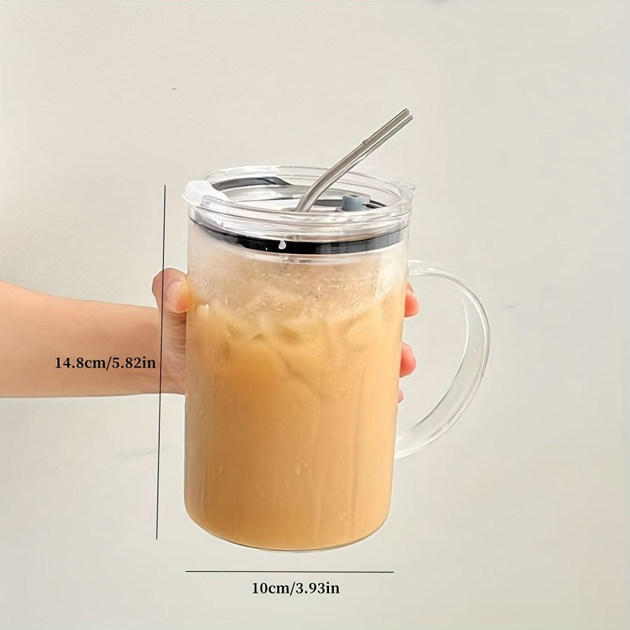 One large 1L heavy-duty glass water cup with lid and straw for iced coffee and other beverages, perfect for any season.