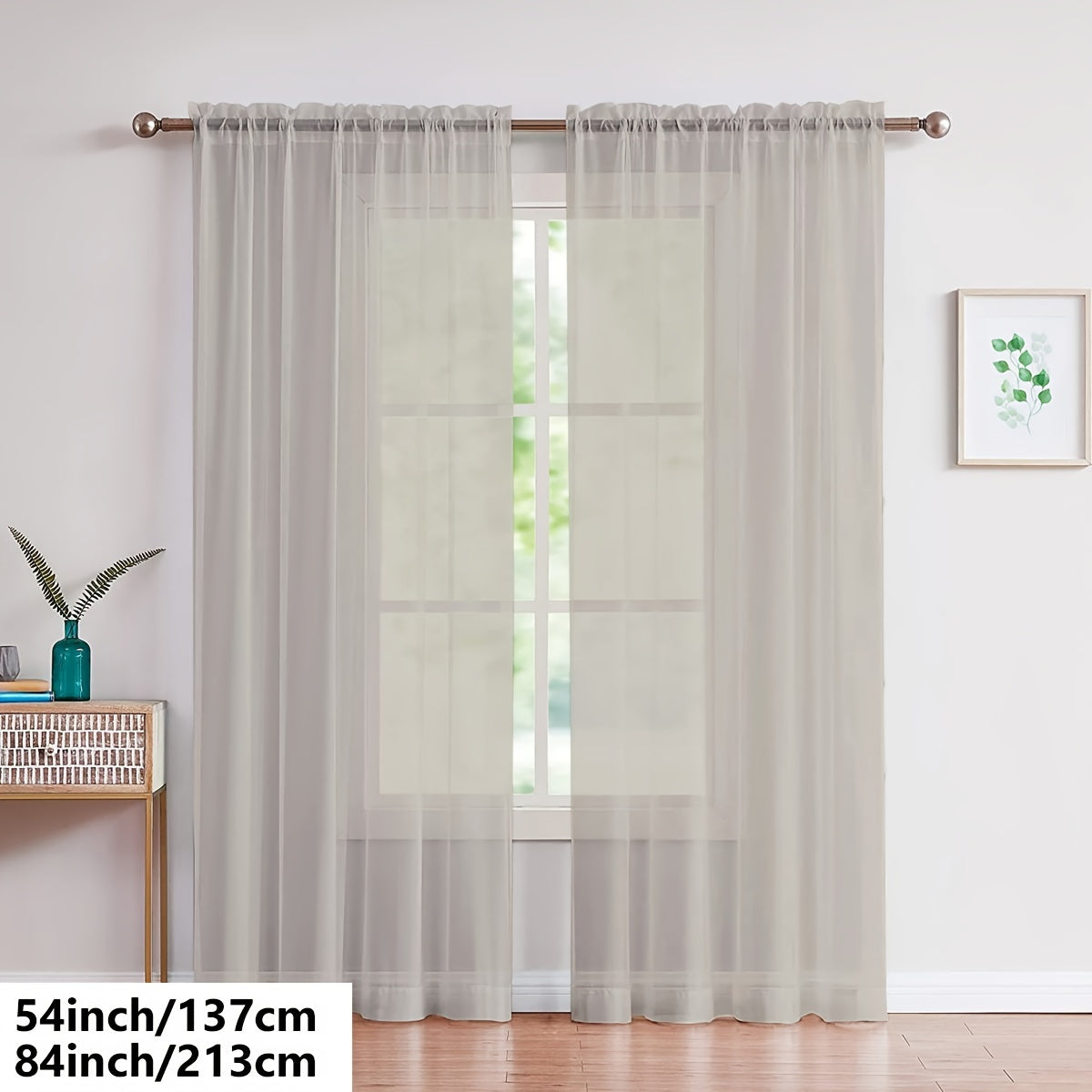 Two pieces of lightweight transparent white gauze curtains, designed for living room and bedroom decoration, with pole-wearing feature.