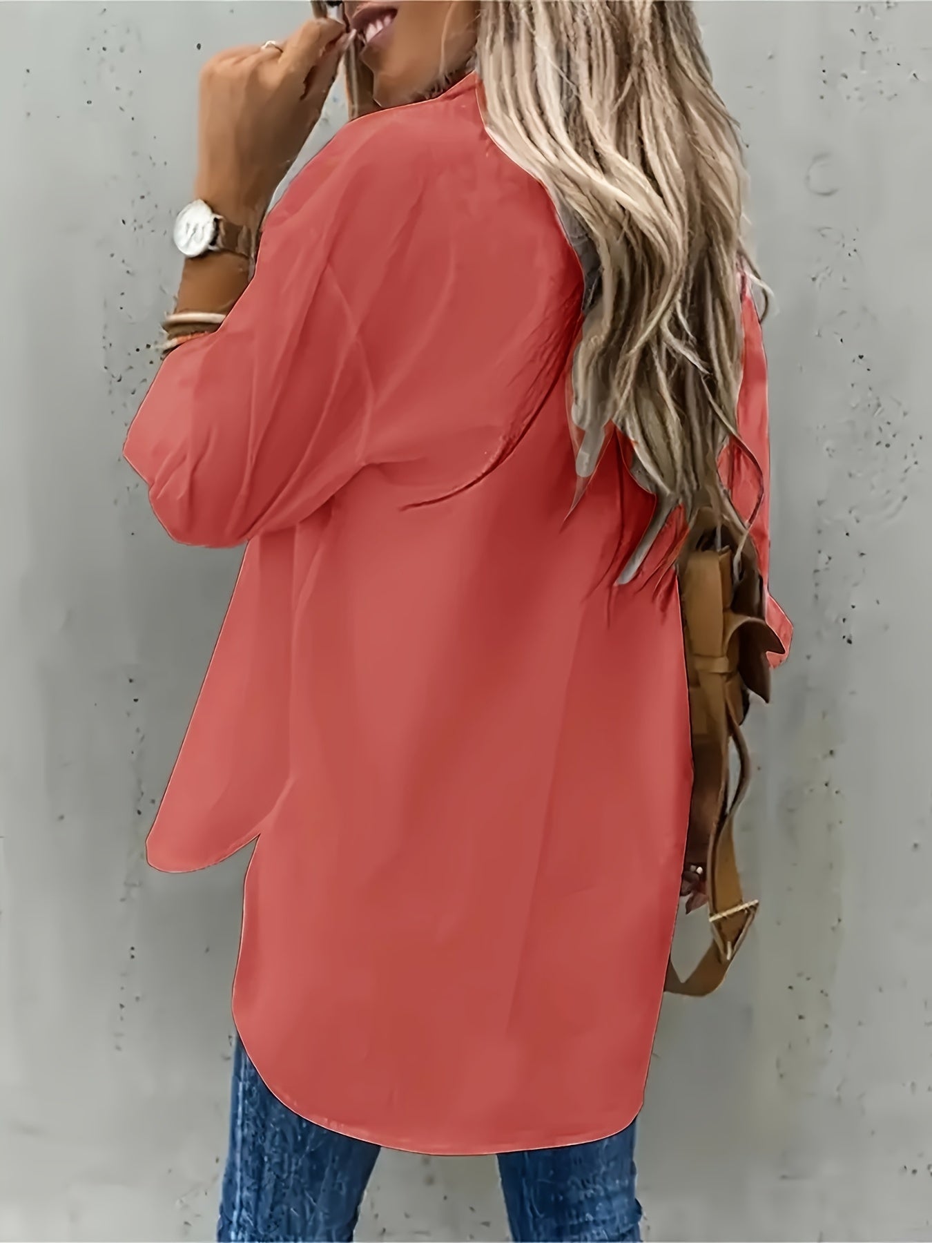 Plus size casual button front shirt with flap pockets, perfect for spring.