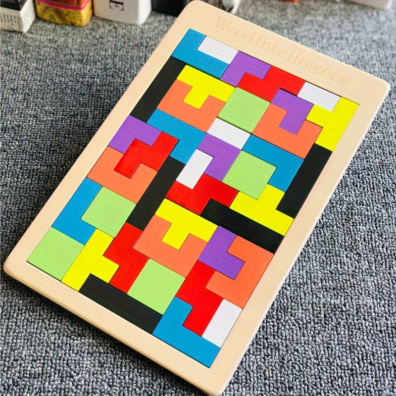 Colorful wooden 3D puzzle blocks for youngsters to enhance creativity and intelligence. STEM learning activity for cognitive development with multi-colored shapes on light brown wooden