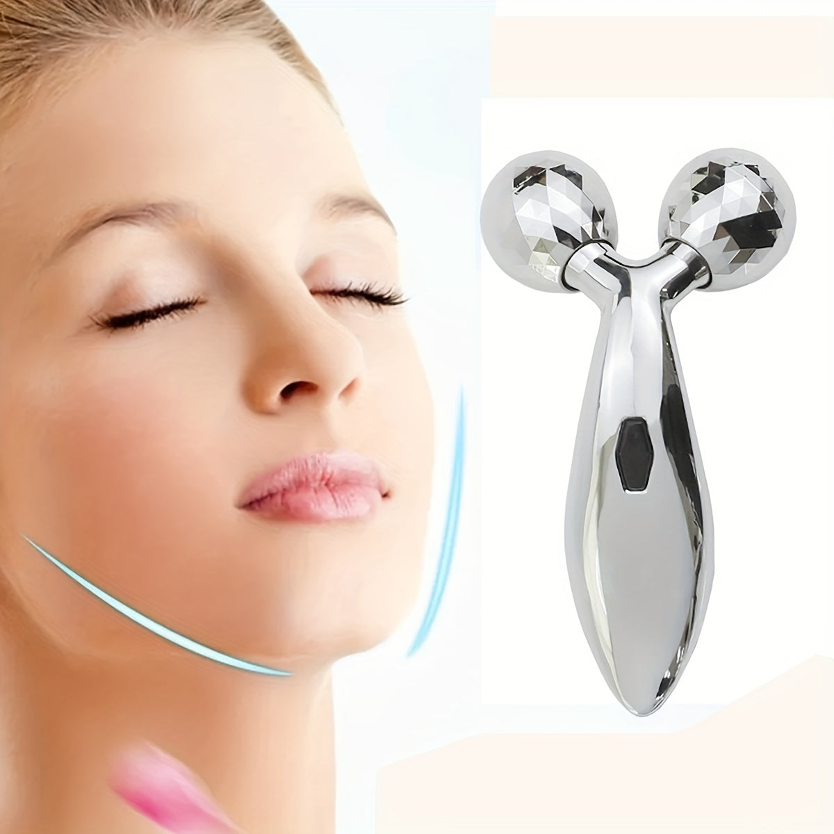 1pc 3D Manual Roller Massager and 2pcs Y-Shaped 360-Degree Rotating Face & Neck Relaxation Devices, Silver Skincare Beauty Tools, No Power Required.