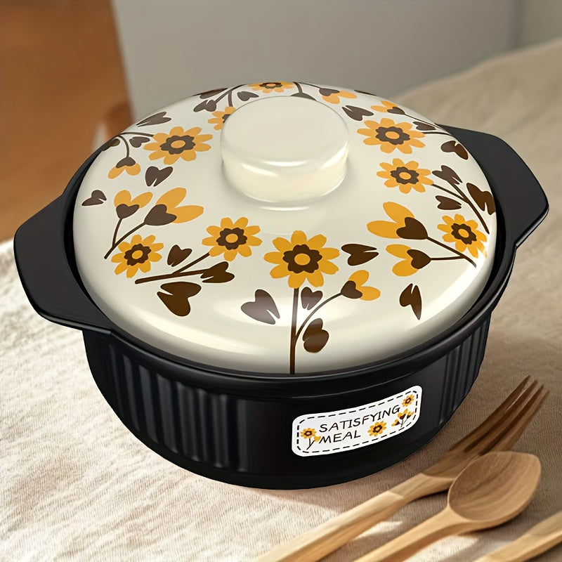 Ceramic casserole dish with sunflower design, 3400ml capacity, round shape, dishwasher safe. Ideal for stew, soups, and other dishes. High temperature resistant, suitable for use on gas stoves. Crack-resistant and explosion-proof.