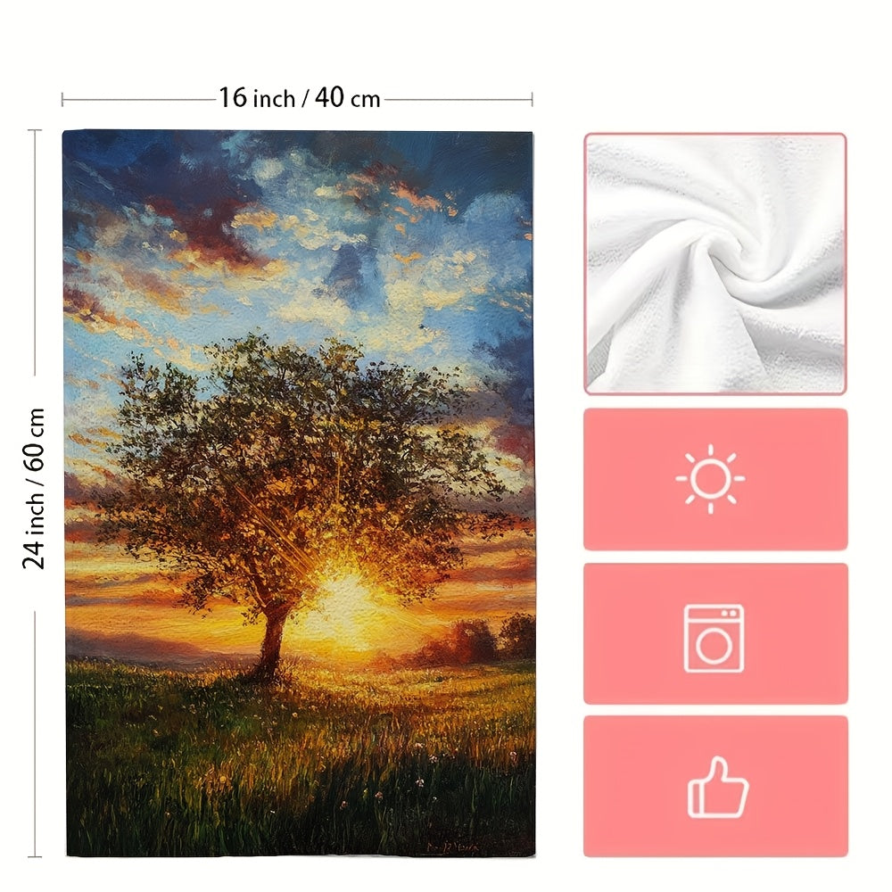 Get two ultra soft kitchen towels with "Sunset Serenity" and "Dusk Whimsy" designs. These highly absorbent polyester dish hand towels are machine washable and measure 40.64x60.96 cm. Perfect for holiday decor, these towels add a picturesque touch to your