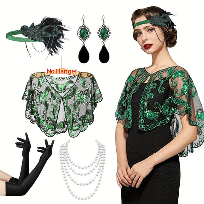 Women's Gatsby Costume Set - 1920s Flapper Accessory Kit Featuring Headband, Sequined Shawl, Beaded Earrings, Faux Pearl Necklace, Evening Satin Gloves. Perfect for Roaring 20's Parties, Weddings, and Retro Fashion Events.