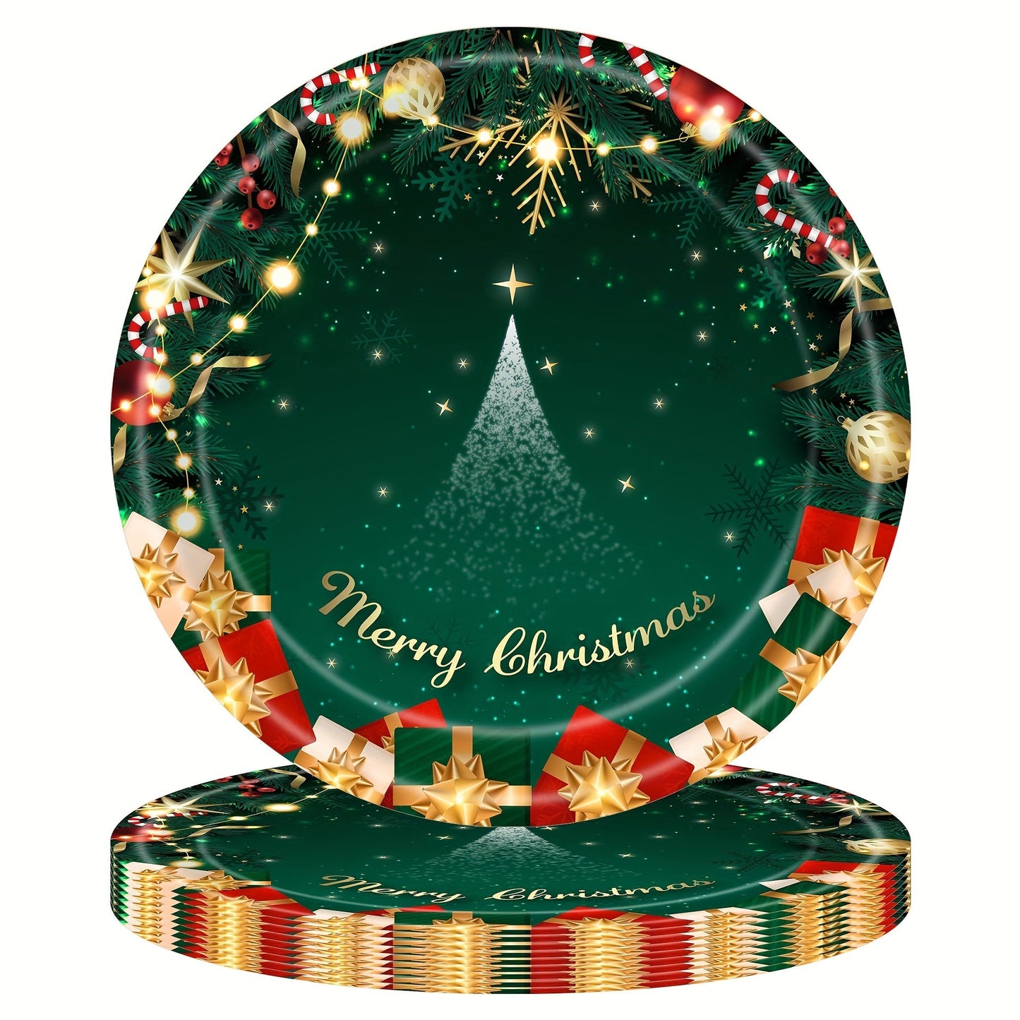 80 pieces of red and green Christmas party supplies including merry Christmas paper plates, napkins, cups, and tableware set. Christmas tree dinnerware set for holiday parties and Christmas party decorations.