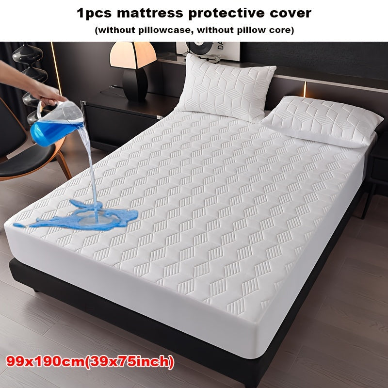 Waterproof mattress protector cover, machine washable with soft comfort fit. Suitable for hotel, living room, or bedroom. Made with polyester outer and PU inner, quilted with twill weave