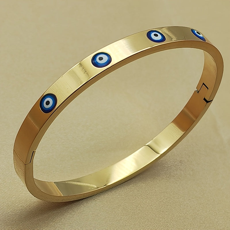 Chic Golden Stainless Steel Bracelet featuring Blue Evil Eye Charms & Glittering Rhinestones - Perfect for Boho Chic or Casual Outfits, Great Present for your Girlfriend, Stunning Stainless Steel Bracelet, Ideal Gift Option