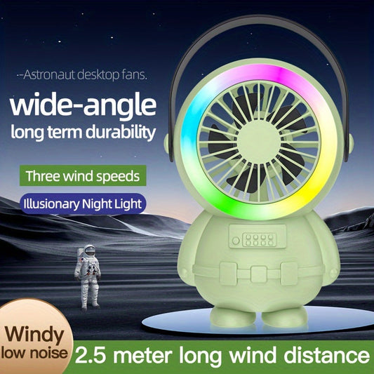 A fashionable astronaut-themed USB fan that is rechargeable and portable, featuring three adjustable speed settings. Perfect for both indoor and outdoor use.