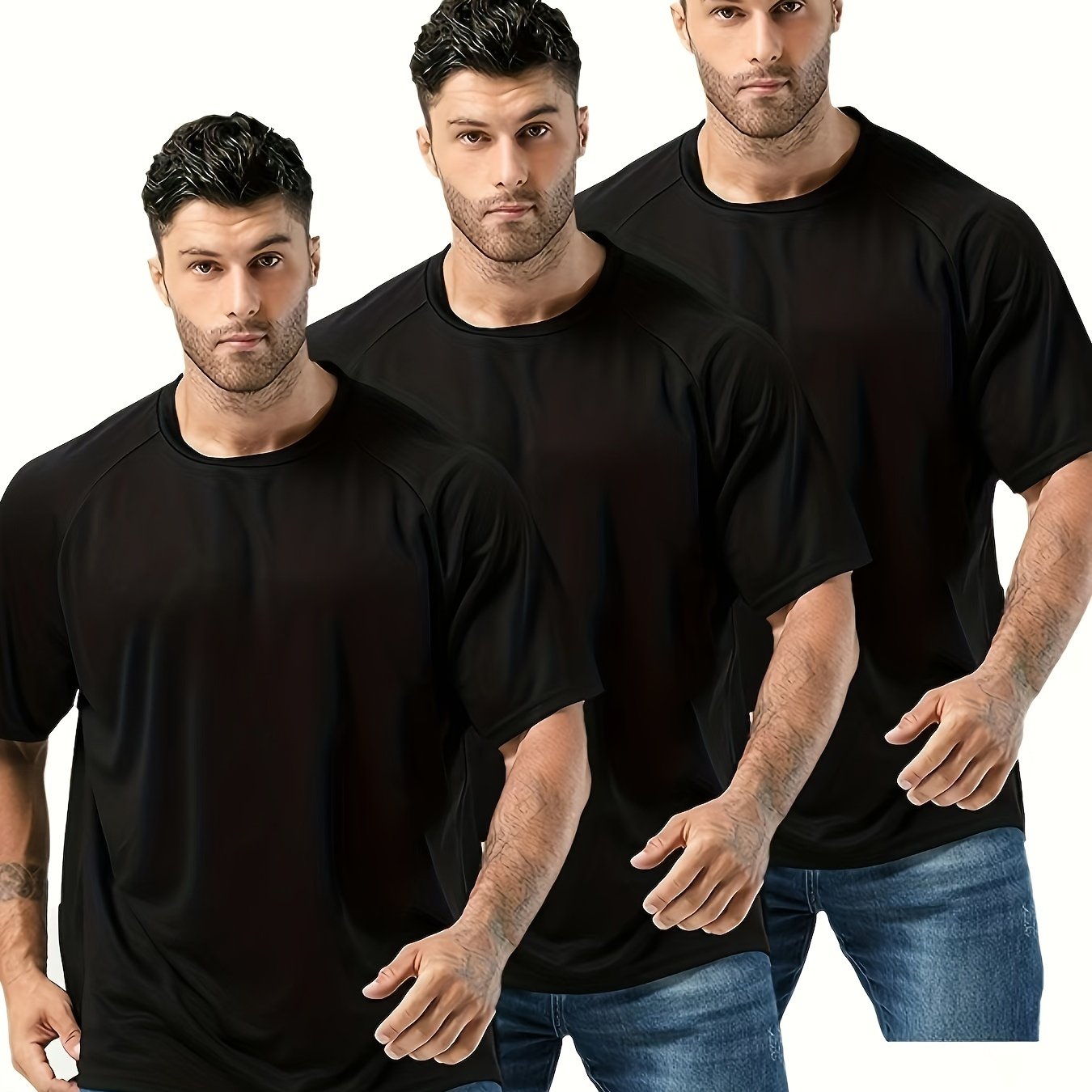 3-pack of men's crew neck t-shirts made of breathable polyester in black, dark green, and olive green. Loose fit for running and workouts, ideal for summer and gym wear. Available in plus