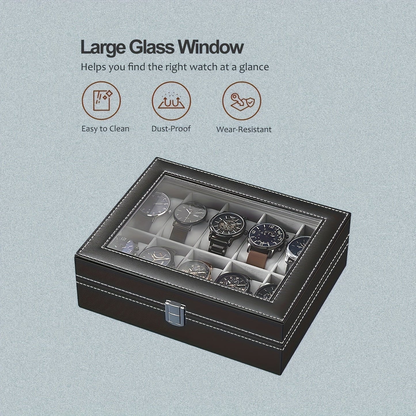 This watch storage box features 12 slots in a sleek gray design, with a transparent cover and PU leather wrapping. It makes for the perfect gift option.