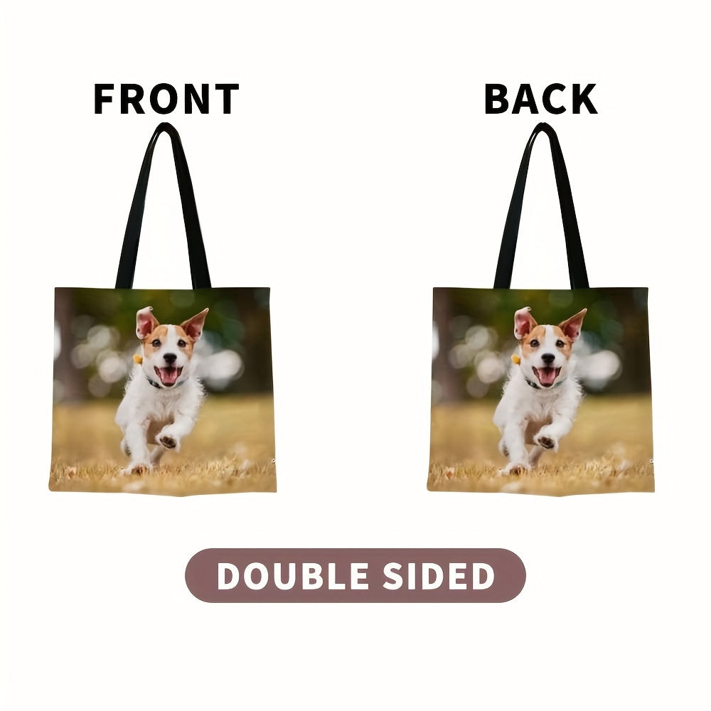 Personalized reusable tote bag with customizable photo and text, foldable design, made of polyester in mixed colors.