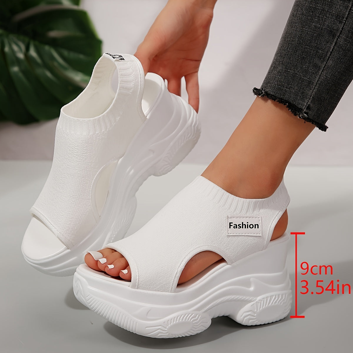 Women's casual sandals with solid color, soft sole, elastic knitted platform, and wedge heel. Ideal for vacation and walking.