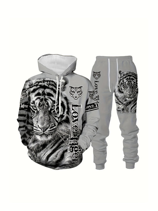 Men's Tiger & Lion Print Hoodie and Sweatpants Set - Casual, Comfy Loungewear with Kangaroo Pocket