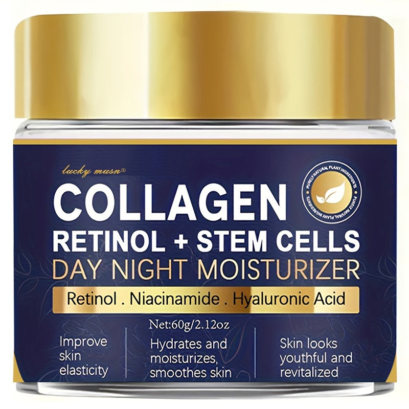 60g LUCKY MUSN Collagen, Retinol & Stem Cell Day & Night Moisturizer hydrates, firms, and is suitable for all skin types with Shea Butter, Niacinamide, and Vitamin E, free from alcohol.