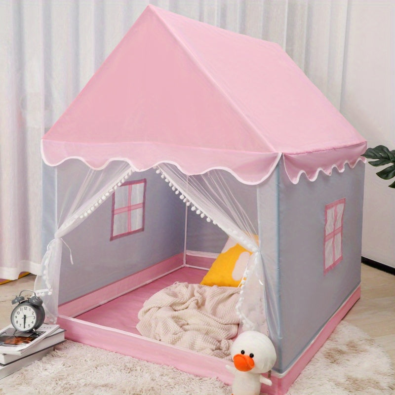 Pink indoor tent castle with hanging toy, made of durable PVC and polyester. Features plush interior, clock, and cute duckling decor for kids' rooms and kindergarten.