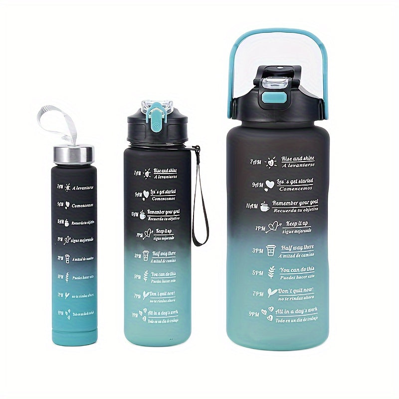 Set of 3 motivational water bottles (2000ml, 800ml, 300ml) with straw, sleeve. Ideal for outdoor activities and birthdays.