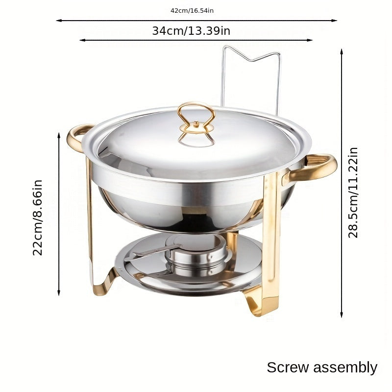 Upgrade your kitchen or catering setup with this 4.5L round stainless steel chafing dish buffet set. Perfect for parties, banquets, and other events, this set includes a tray, pan, lid, and stand for all your serving needs. Get your business supplies and