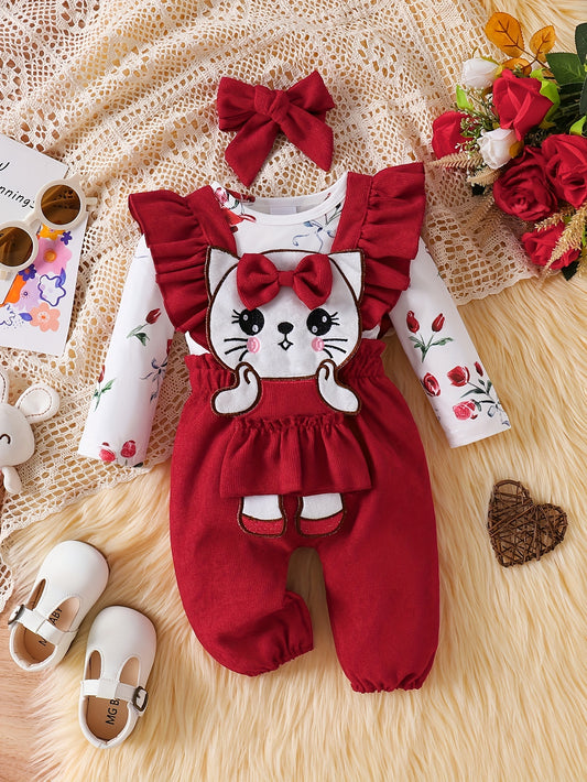 Cute Girls' 3-piece outfit: Floral romper, kitten overalls, and matching headband. Made of cotton blend, machine washable for fall/winter. Perfect for outdoor wear.