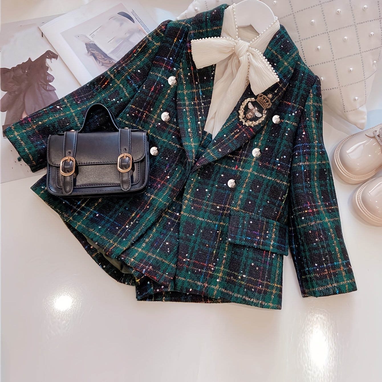 Children's bee-patterned tweed blazer and shorts set, perfect for preppy outdoor wear in spring and fall.