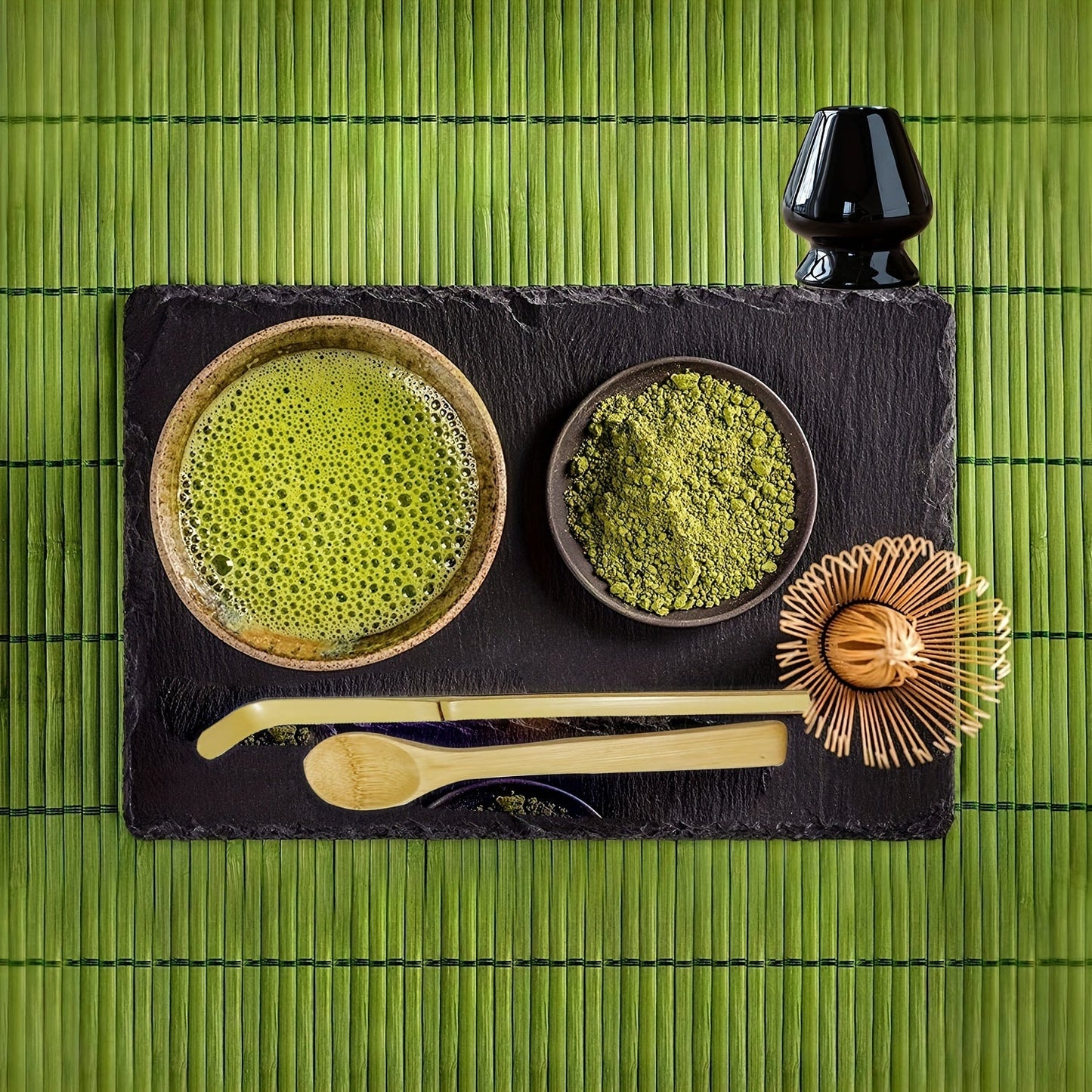 Set of 4 pieces including 2 Japanese Matcha Ceremony accessories: a Matcha Whisk (Chasen), Traditional Scoop (Chashaku), Tea Spoon, and a Blue Celadon/Black Whisk Holder. This set is perfect for preparing a traditional cup of Matcha and includes Matcha