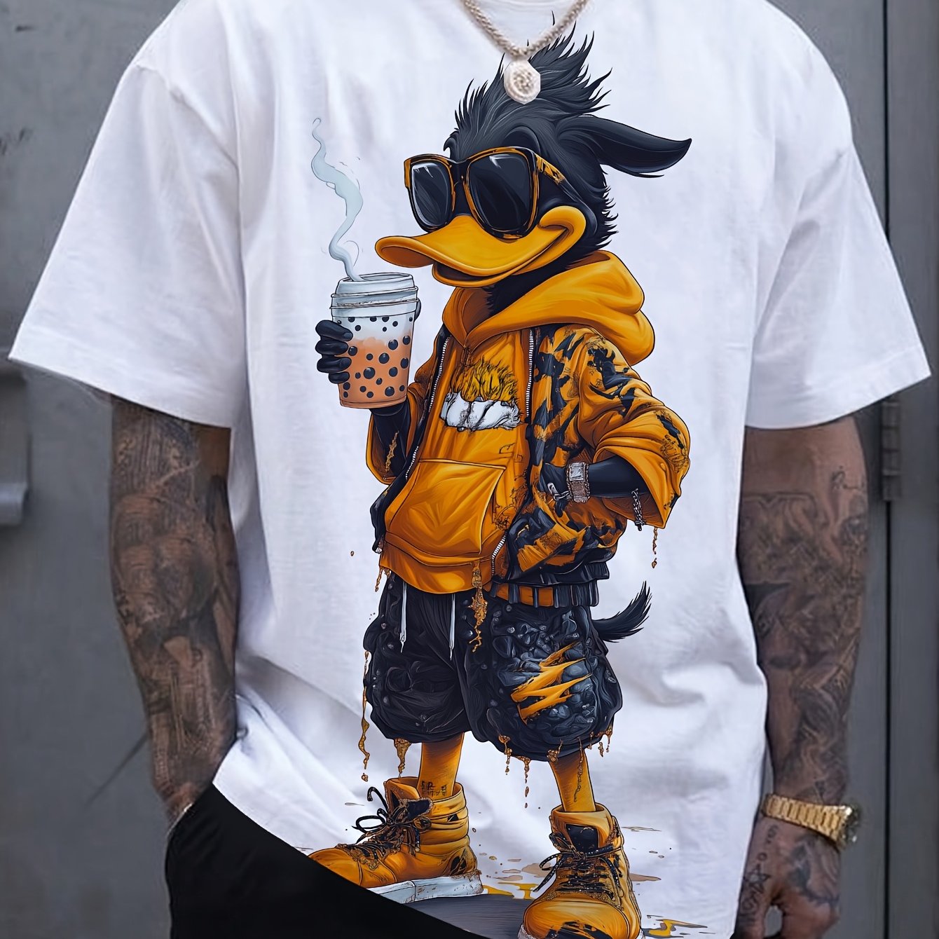 Men's graphic print T-shirt with short sleeves, crew neck, and stylish cartoon design. Suitable for daily wear and outdoor activities, made from durable polyester fabric. Trendy and