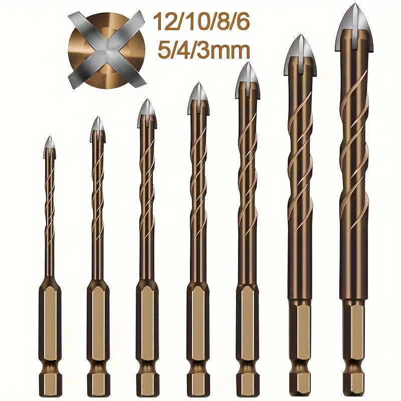 7 piece drill bit set made of tungsten steel with sharp triangle design for drilling tile, glass, concrete, marble, wood, and steel. Includes cross hex shank hole opener and reaming tool