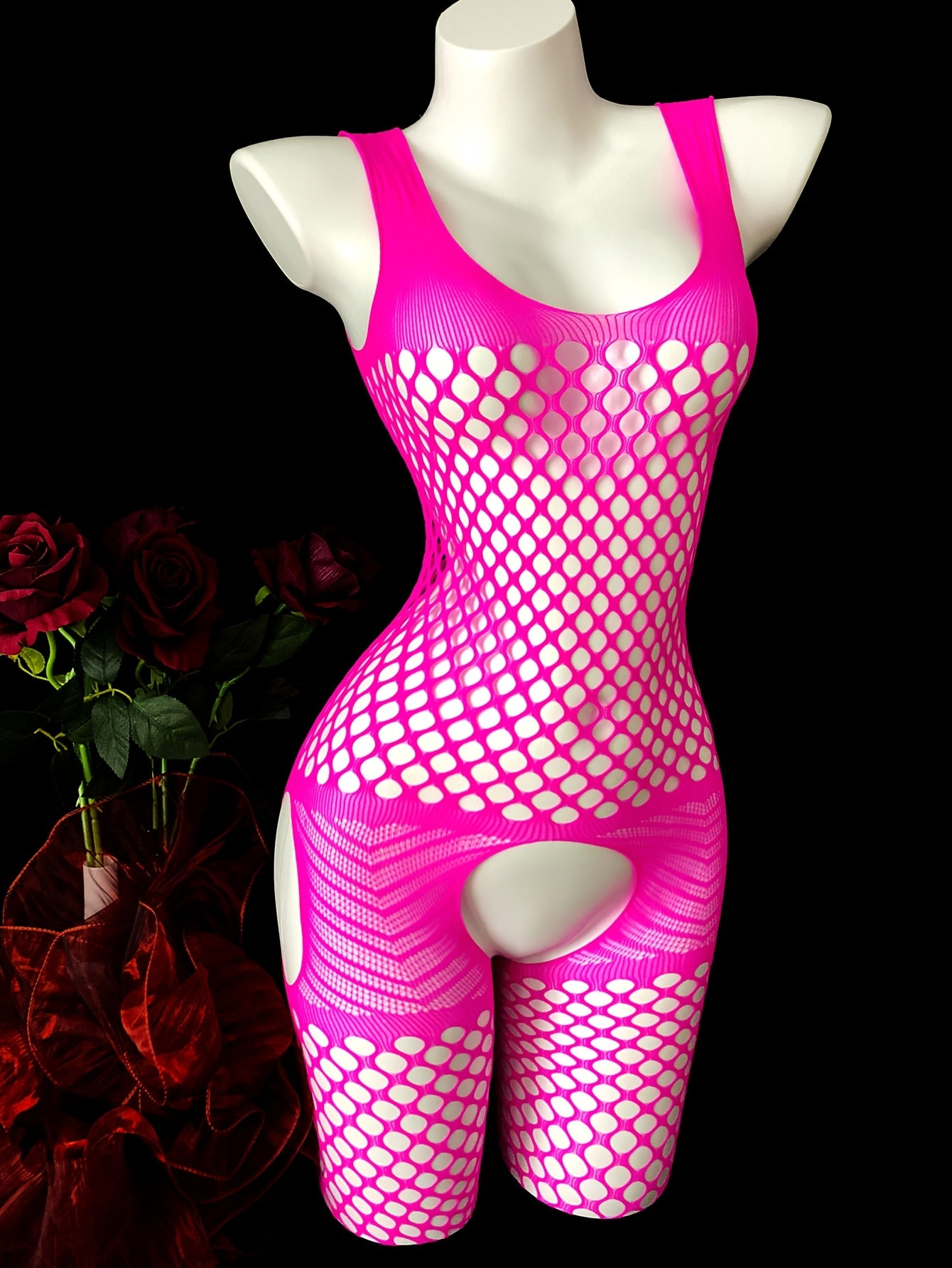 Valentine's Day Gift: Pink Fishnet Bodysuit with Hollow-Out Design, Stretchy Nylon Blend, Sheer Lingerie Set