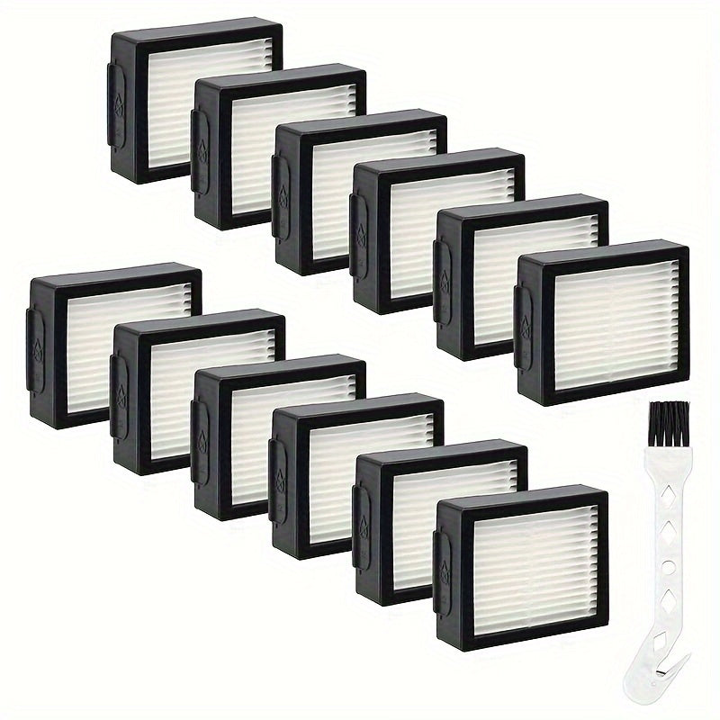 12 pack of HEPA filters replacement for IRobot Series I7, I7+, I3, I3+, E5, E6, E7, I4, I4+, I5, I5+, I6, I6+, I8, I8+ vacuum cleaner. Includes 12 high efficiency filters and 1 cleaning brush.