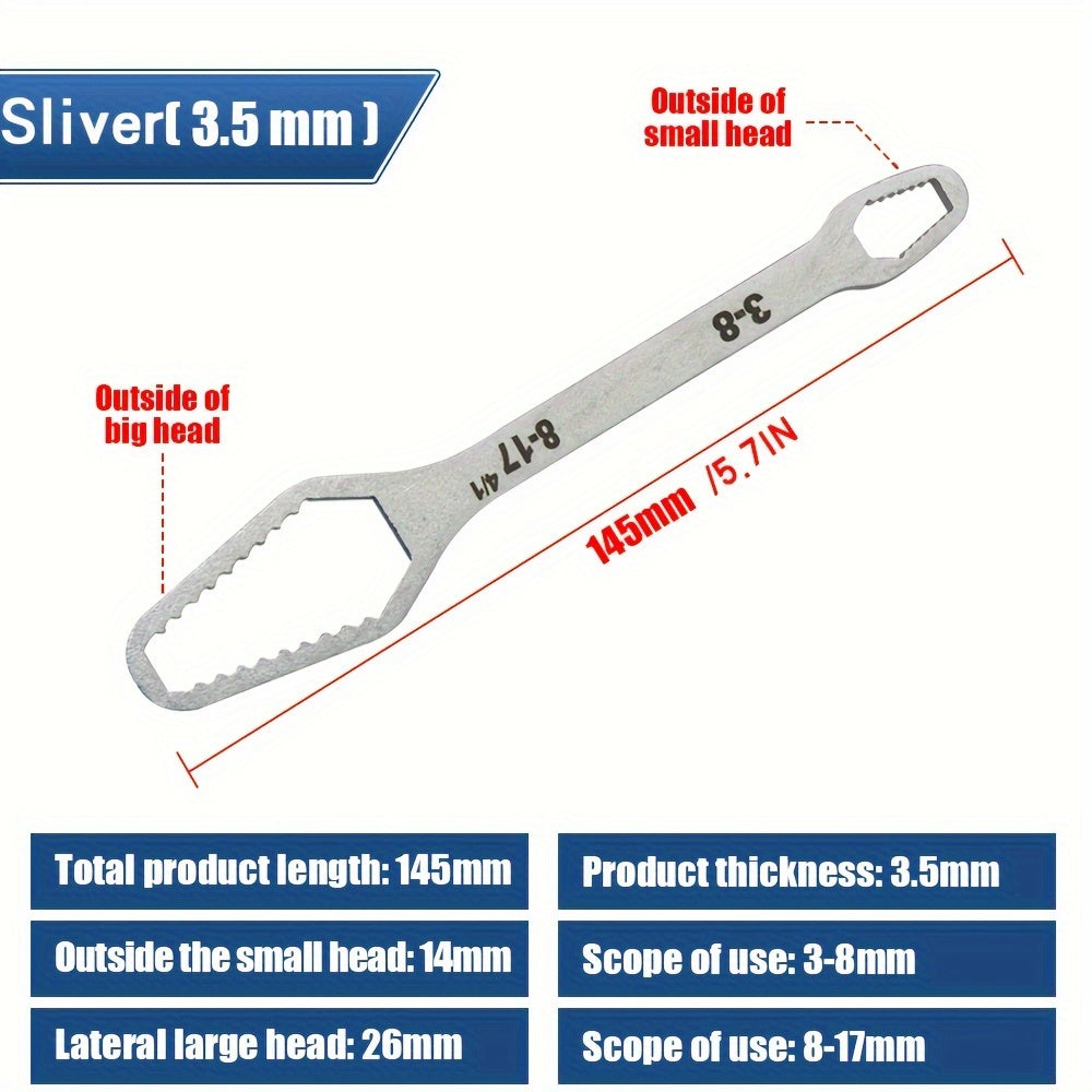 Double-ended plum wrench with 3.5mm thickness for tightening various screws and nuts. Suitable for diameters 8-22mm/3-17mm.